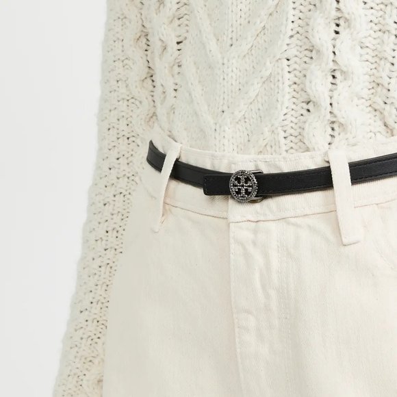 Tory Burch Skinny Embellished Logo Belt Black Rhinestones Crystals Leath⦠- Picture 6 of 13